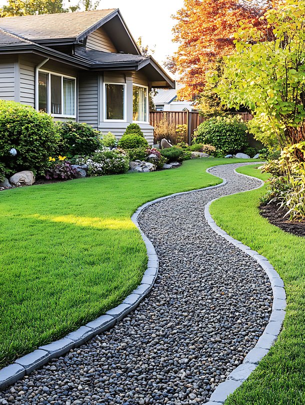 Beautifully landscaped front yard featuring a lush, healthy lawn, trimmed shrubs, and a professionally installed curved stone walkway that adds charm and functionality to the home.
