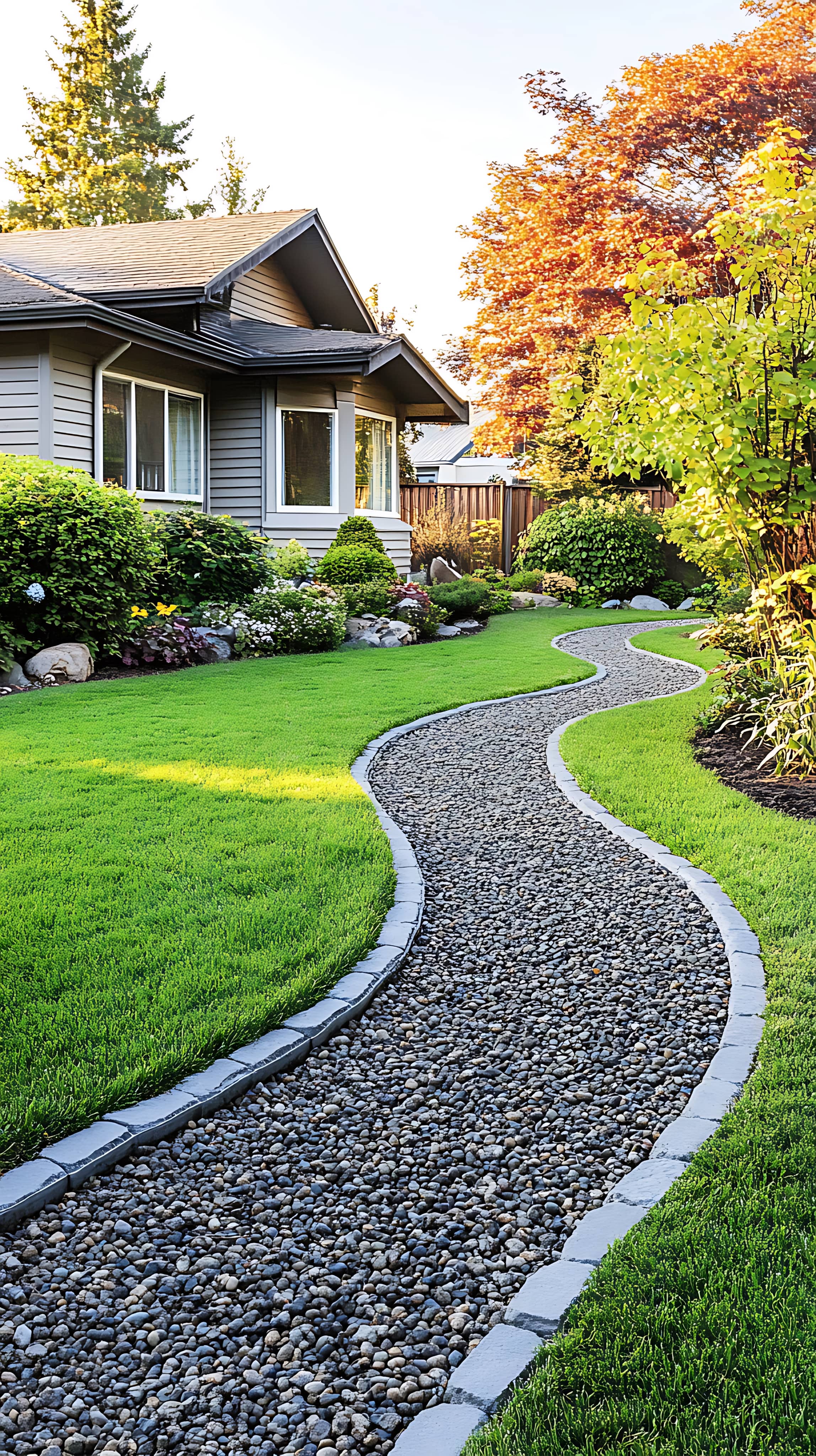 Beautifully landscaped front yard featuring a lush, healthy lawn, trimmed shrubs, and a professionally installed curved stone walkway that adds charm and functionality to the home.