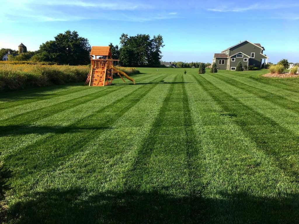 View of a larged mowed lawn, with a home and kids playground in the background.