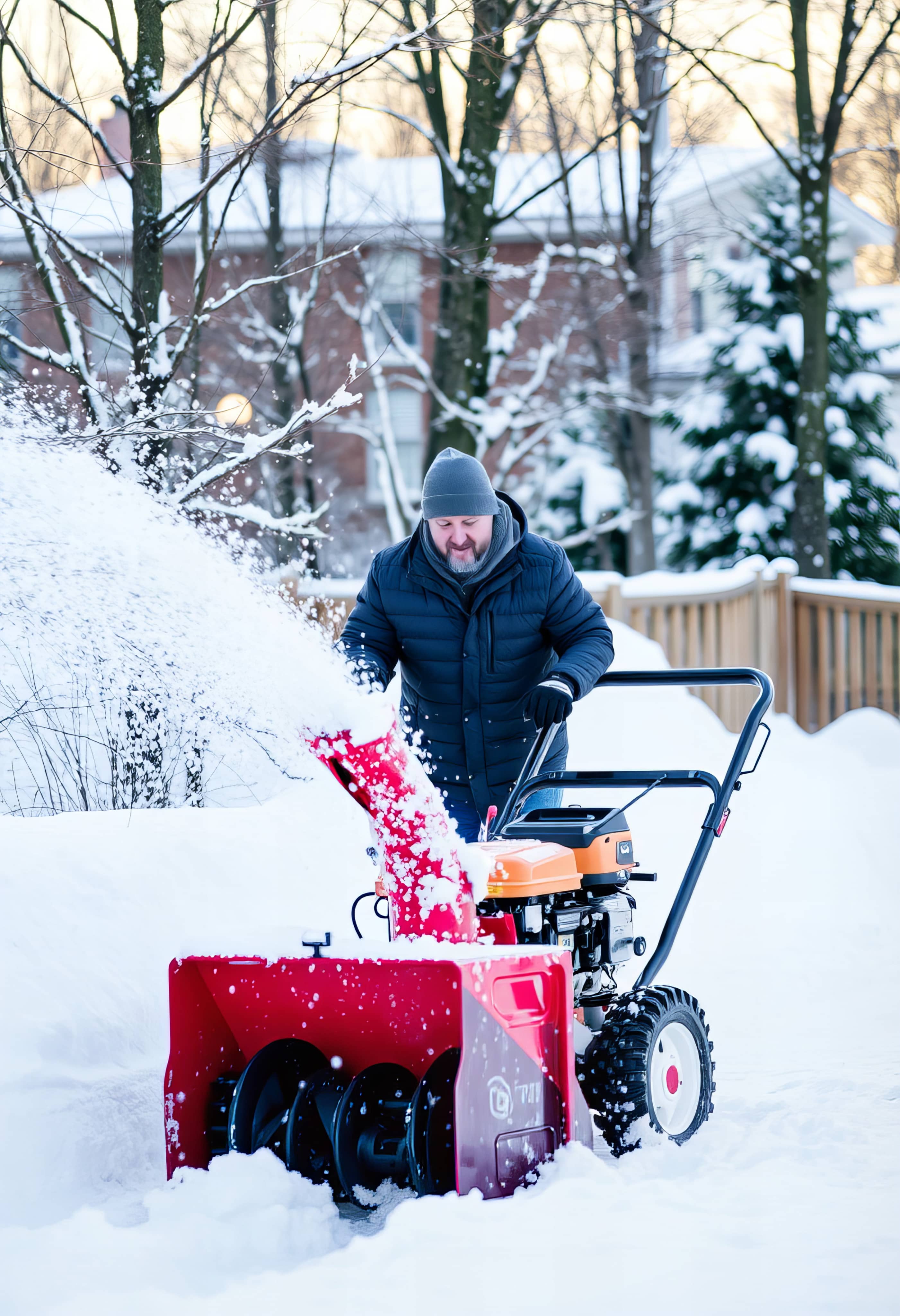A man operating a bright red snowblower with snow flying through the air.